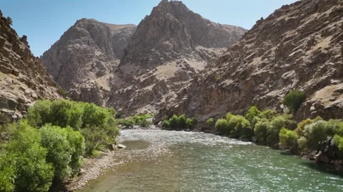 Mountain River and Green Trees in Ghorband Valley Drone Shot Vidéo 320098235