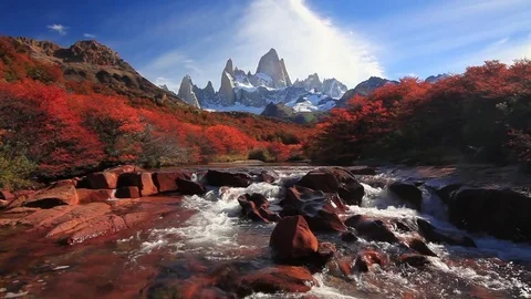 Mountain River and Mount Fitz Roy. Patagonia Stock Footage 75668551