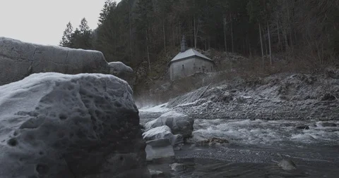Mountain river and small building - travelling shot - 4K, AppleProRes 422 Stock Footage 92217576