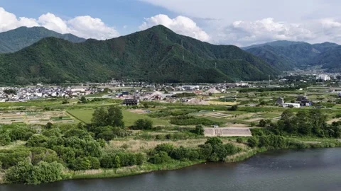 Mountain River and Townscape Landscape in Nagano Japan Stock Footage 336625698