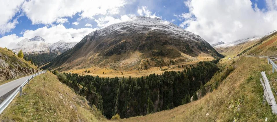 Mountain river and trees landscape natural environment. Hiking in the alps. C Stock Photos
