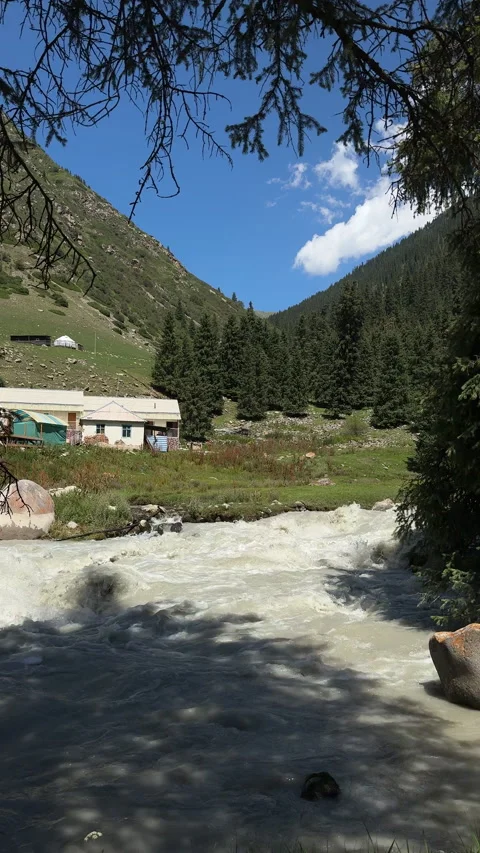 Mountain river and valley in Jeti-Oguz gorge, 4K vertical Stock Footage 342029474