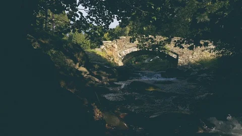 Mountain river and waterfall. Old stone bridge. Wales, UK Stock Footage 114027081