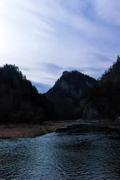 Mountain River Bend Flowing Through Forested Gorge at Dusk Fotos de archivo
