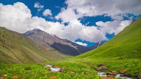 Mountain river between green hills timelapse Stockbeeldmateriaal 316812959