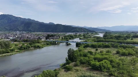 Mountain River Bridge and Townscape in Nagano Japan Stock Footage 336617080