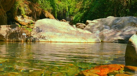 Mountain river clear water flowing in Himalayas. Nature 4k video background Stock Footage 64821507