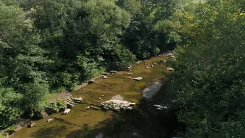 A mountain river with clear water flowing quickly over stone rapids. Video stock 250478933