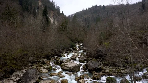 Mountain river with clear water in winter. Yupshara river in Abkhazia Video stock 109561251