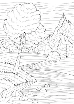 Mountain river coloring graphic black white vertical landscape sketch vector イラスト素材