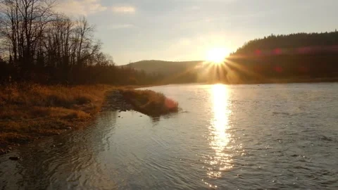 Mountain river at dawn in autumn Stock Footage 143389804
