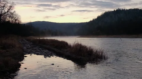 Mountain river at dawn in autumn Stock Footage 143389868