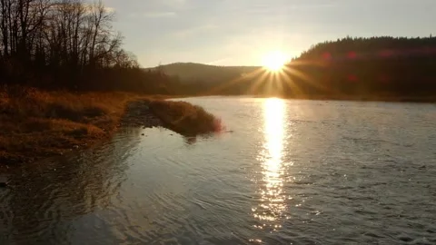 Mountain river at dawn in autumn Stock Footage 143389877