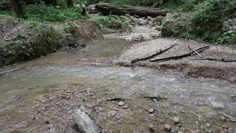 Mountain river, day, riverbed of a water barrier overlooking the river banks Stock Footage 285927992