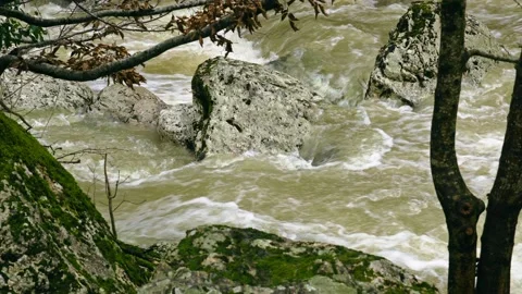 Mountain river in flood due to too much rain. Abruzzo, Italy, Europe Video stock 145022968