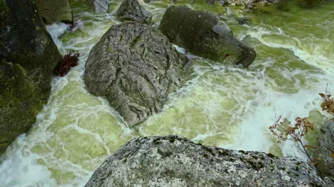 Mountain river in flood due to too much rain. Abruzzo, Italy, Europe Video stock 145025430