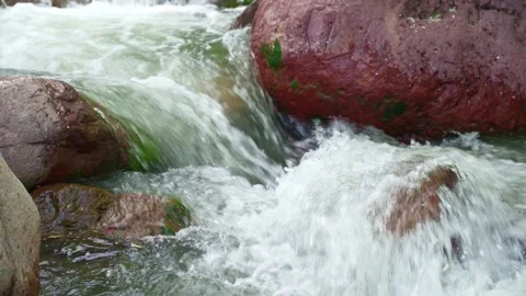 Mountain River Flow Between Rocks Close Up Stock Footage 346197459