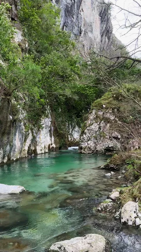 Mountain river flowing beneath dramatic peaks in northern Spain Vídeo Stock 339217547