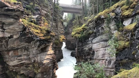 Mountain River Flowing at the Bottom of a Small Canyon. 스톡 동영상 129398504