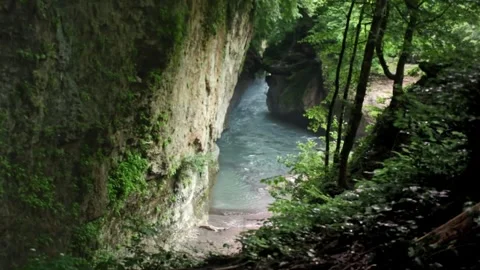 Mountain river flowing in a canyon in springtime Stock Footage 243757627