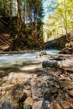 Mountain river flowing in a deep green forrest. Long exposure, water flow in  Stock Photos