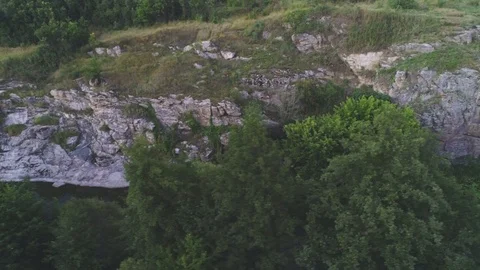 Mountain river flowing at a high rocky bank with leafy trees in in summer Stock Footage 99728770