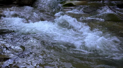 Mountain river flowing in a sparkling clean stream over stone boulders Stock Footage 295206894