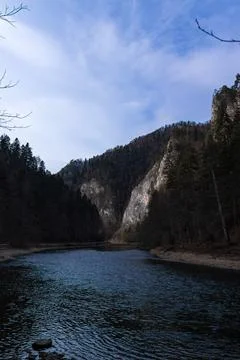 Mountain River Flowing Through Forested Limestone Cliffs Foto stock