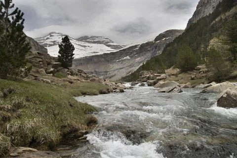 Mountain river flowing through ordesa valley with snowy peaks Stock Photos