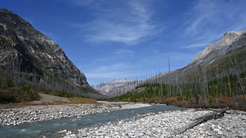 Mountain river flowing through round rocks surrounded by rocky mountains Stock Footage 219225194