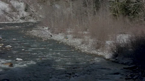 Mountain river flowing through a snowy forest landscape Stock Footage 331660734