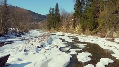 Mountain river flowing through snowy forested valley in winter daytime Video stock 342645444