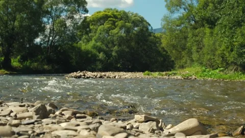 Mountain river flowing through stone boulders. Clear water stream, abundant Stock Footage 254486083