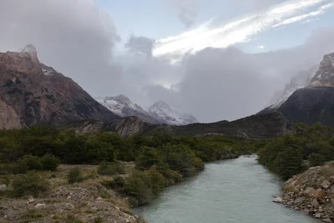 Mountain river flowing through valley near El Chalten Patagonia Stock Photos