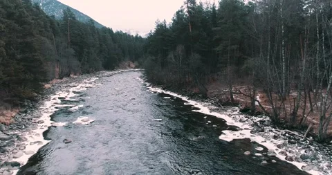 Mountain river flowing through the winter forest. Vídeos de archivo 149272773