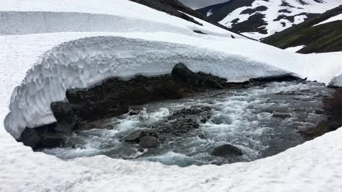 Mountain river flowing under the caps of snow, Khibiny, Russia Stock Footage 207683803
