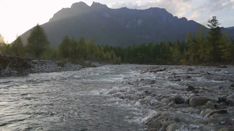 Mountain river flows against the dark high mountains Stock Footage 95996457