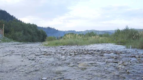 A mountain river flows along the forest and a lovely wooden house Stock Footage 79728895