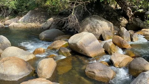 Mountain river flows among large stones, clean river, landscape Stock Footage 127333645