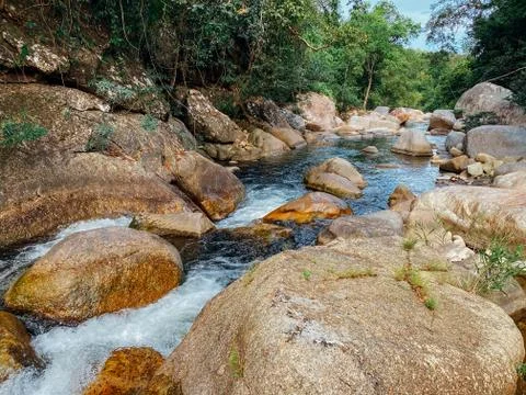 Mountain river flows among large stones in mountainous areas through forest Stock Photos