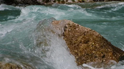Mountain river flows in a rapid stream. Slow motion. Pure blue water. 스톡 동영상 108649952