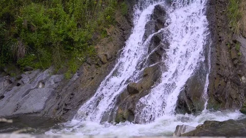 The mountain river flows rapidly in the afternoon among the trees beautiful Video stock 80409283