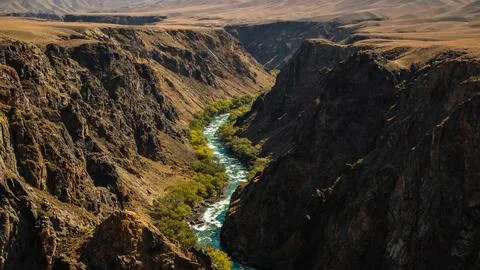 A mountain river flows through the bottom of the canyon Stock Photos