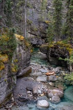 A mountain river flows through the Rocky Mountains of Canada. Canada. Stock Photos