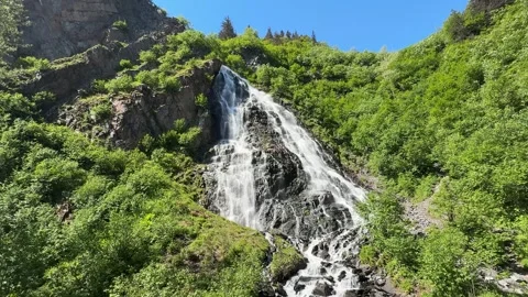 Mountain river flows through trees in landscape with snow-capped peaks  Stock Footage 338284821
