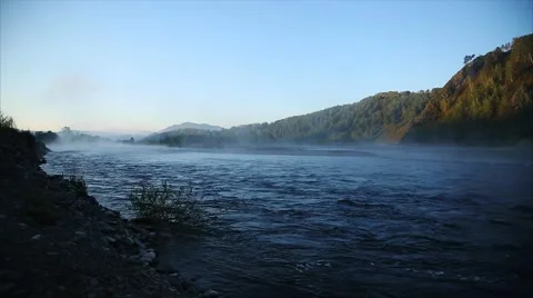 Mountain river in fog Stock Footage 54921738