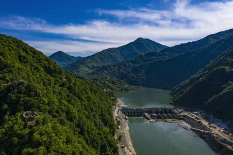Mountain river in the forest with drone Stock Photos