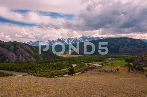 Mountain river forest valley Stock Photos