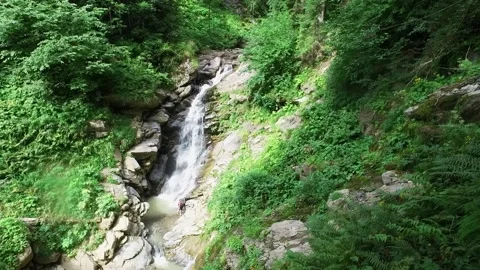 A mountain river forms a waterfall in the forest. Hike along the ecological Stock Footage 162392619