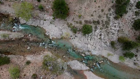 Mountain river in the gorge from a height of 4k Stock Footage 213995326